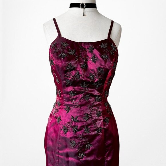 Vintage Burgundy Red Satin Beaded Fit Flared Maxi Prom Dress Size S - Picture 5 of 8
